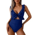thumbnail image 6 of QUNYINEY Spaghetti Straps One Piece Swimsuit Women Ruffle High Waisted Blue Swimsuits V Neck Monokini Women Swimwear, 6 of 7