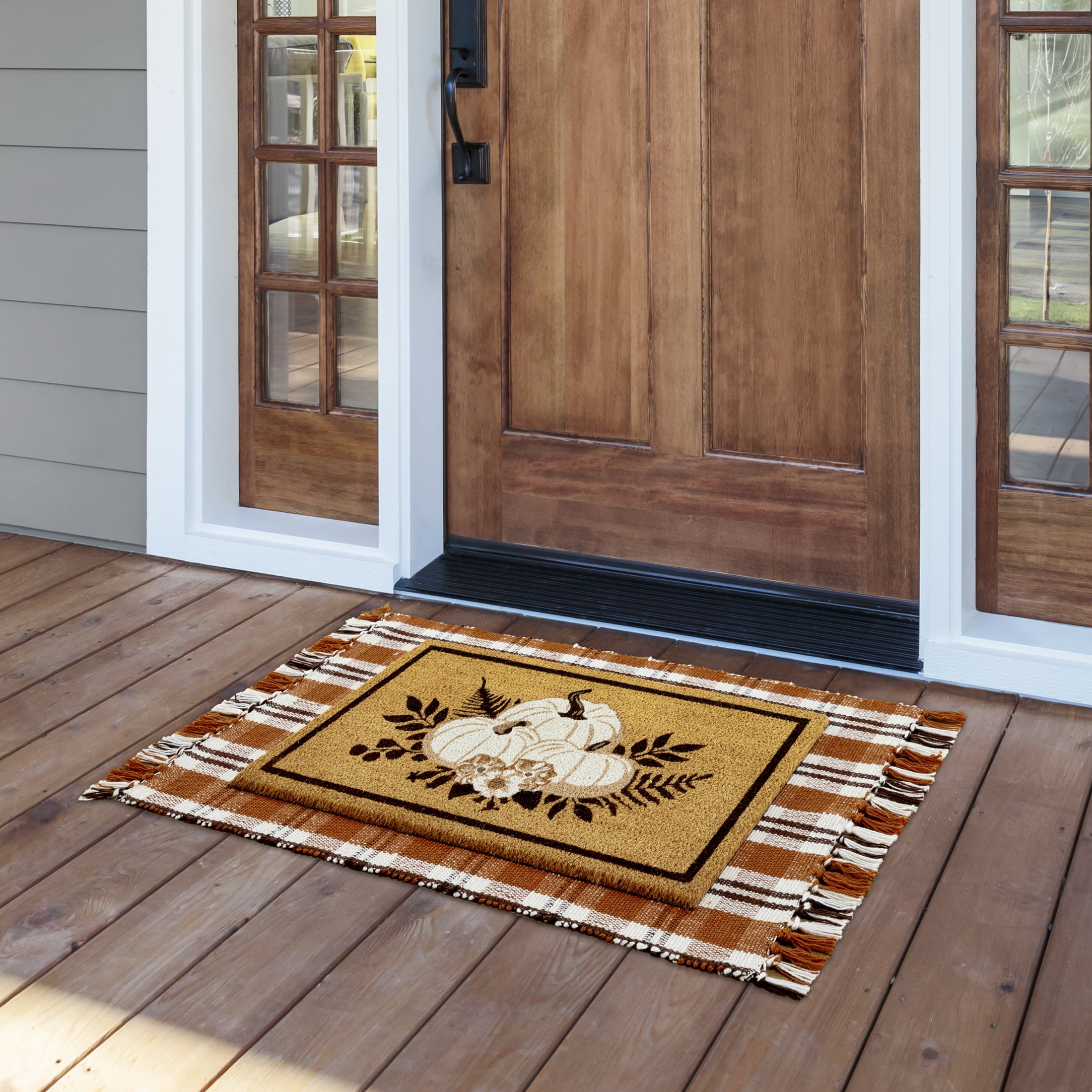 My Texas House Fall Taupe Plaid Indoor/Outdoor Layering Rug, 38" x 58"