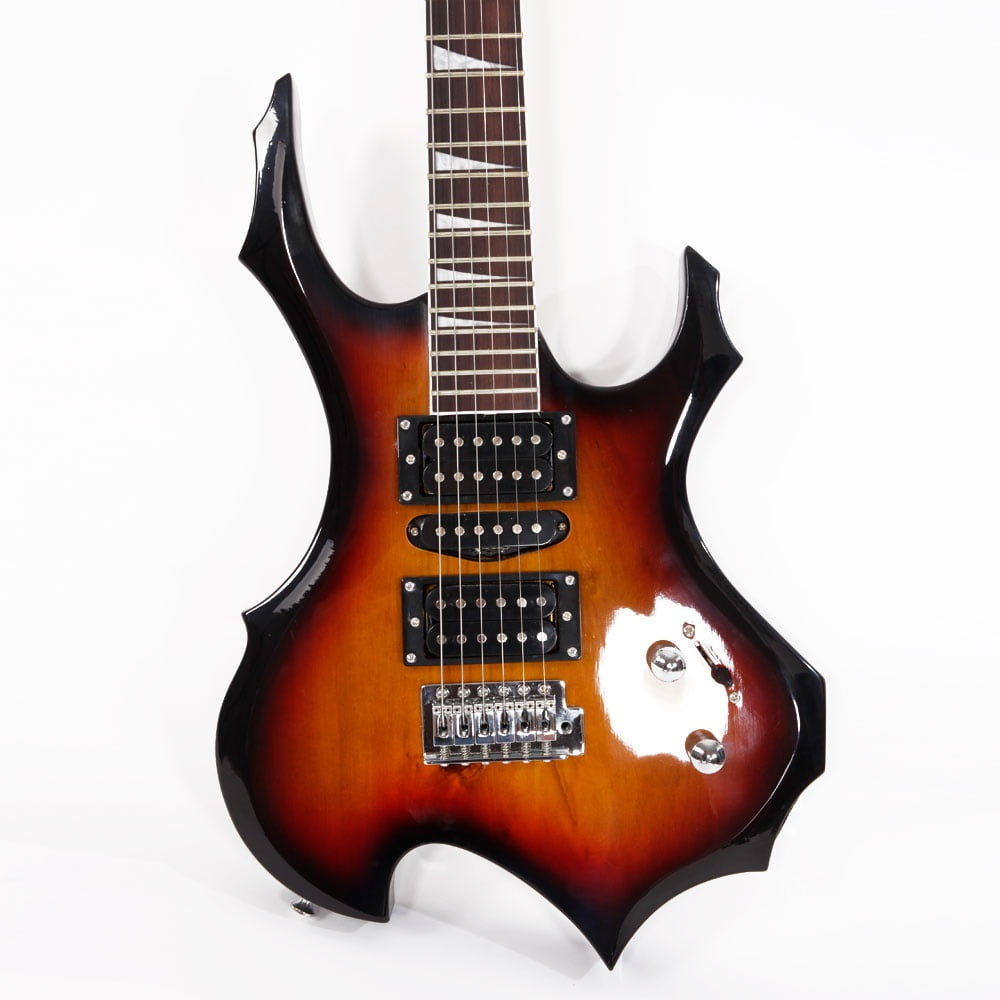 Flame Shaped Electric Guitar with 20W Electric Guitar Sound HSH Pickup Novice Guitar Audio Bag Strap Picks Shake Cable Wrench Tool Sunset Color