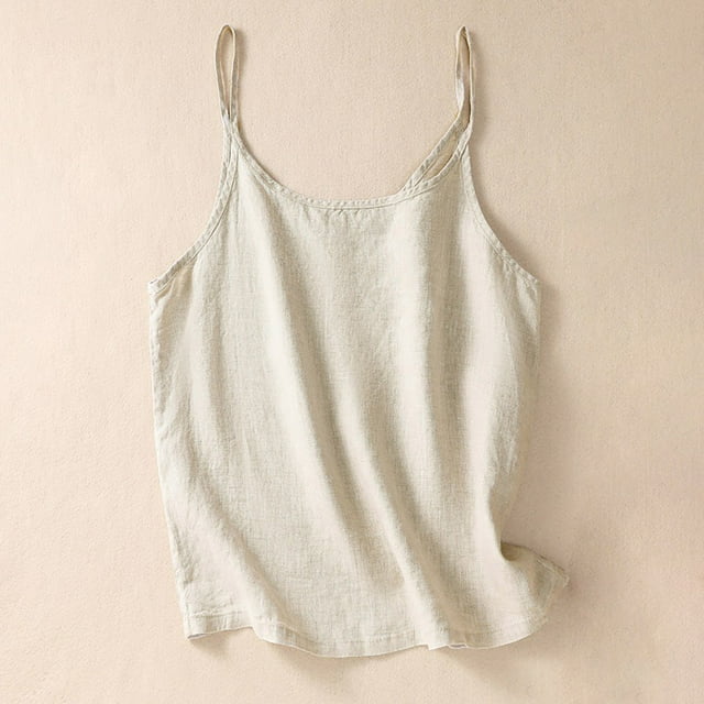 Meichang Débardeurs en Coton et Lin pour Femmes, Col Rond Sans Manches, Coupe Ample d'Été, Bretelles Spaghetti, Couleur Unie