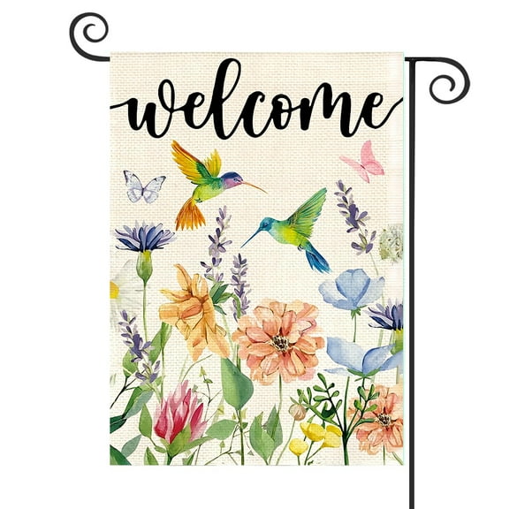 DMERBYL Hummingbird Spring Flowers Garden Flag 12 x 18 Inch Double Sided, Seasonal Welcome Yard Outdoor Flag