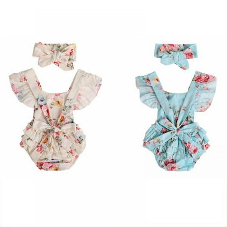 

[Big Save!]Newborn Girls Floral Ruffle Romper Tutu Dress Lace Flare Sleeve Shirt Bodysuit with Headband Summer Outfits