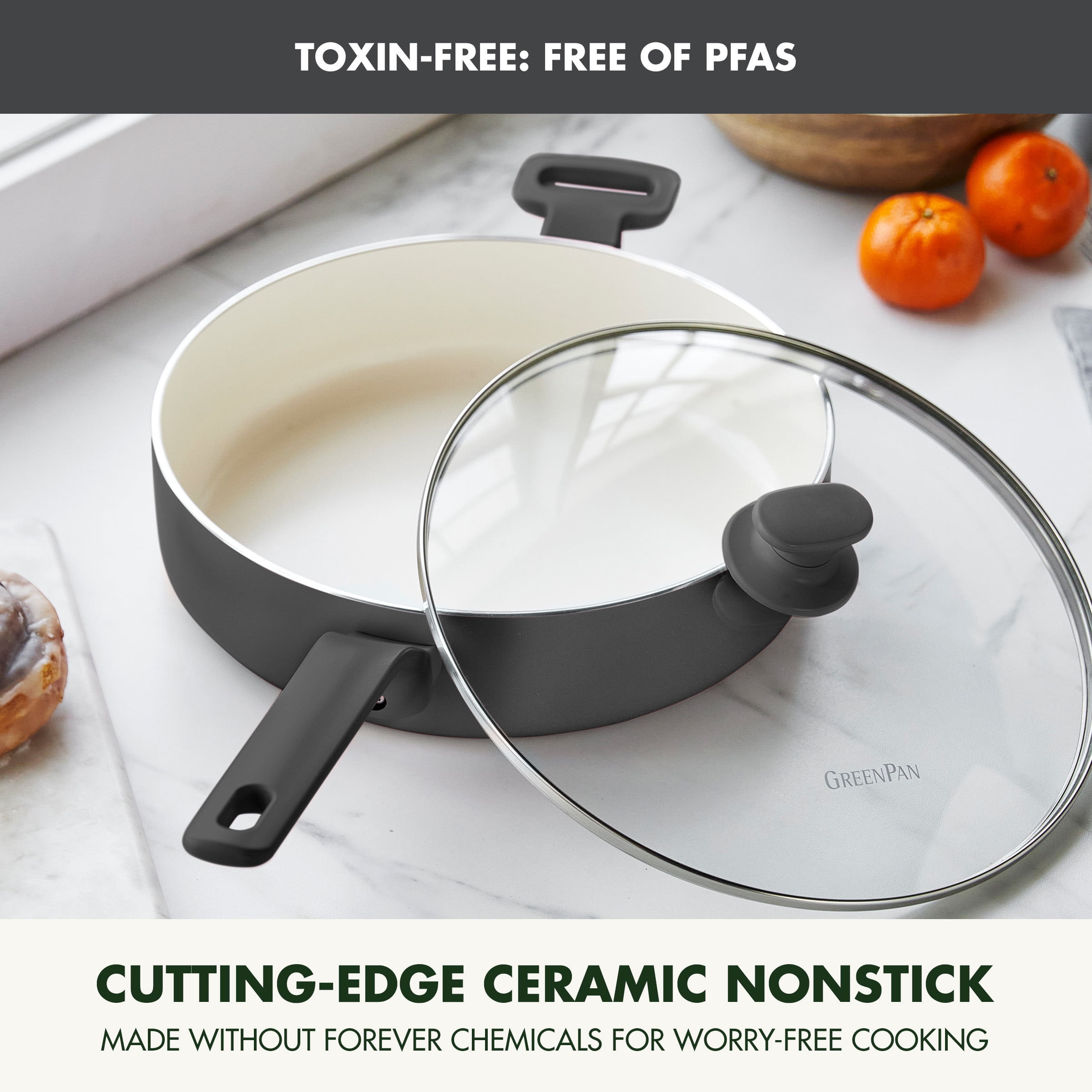 GreenPan Essence 5QT Jumbo Ceramic Nonstick Sauté Pan with Lid, Oven Safe, Dishwasher Safe, Gray​