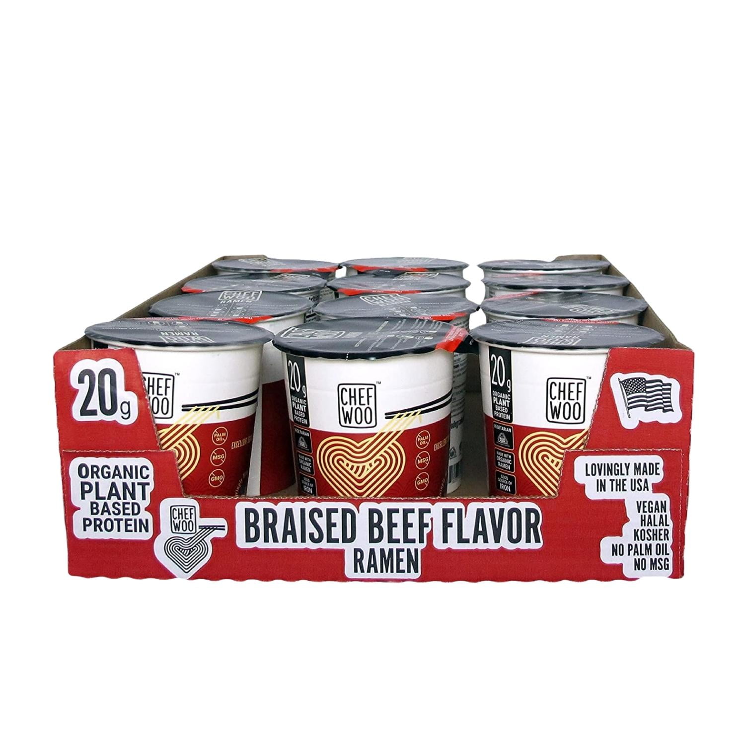 Chef Woo Braised Beef Flavor Ramen Cup Noodles, 2.5 Oz Each (Pack Of 12