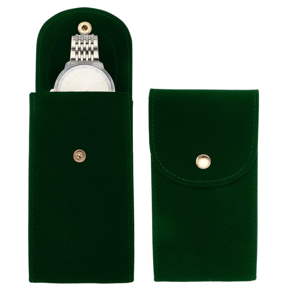 Uxcell Velvet Watch Pouch, Portable Watch Travel Case Soft Watch Storage Bag with Snap Button Concave Inner Card for Men and Women Gift, Dark Green
