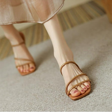 

SBYOJLPB Flash Deals Up to 65% off！Rectangular Toe Sandals Women s Strappy Open Toe Low Block Heels Sandals Dress Pumps Shoes Heeled Khaki 4.5(35)