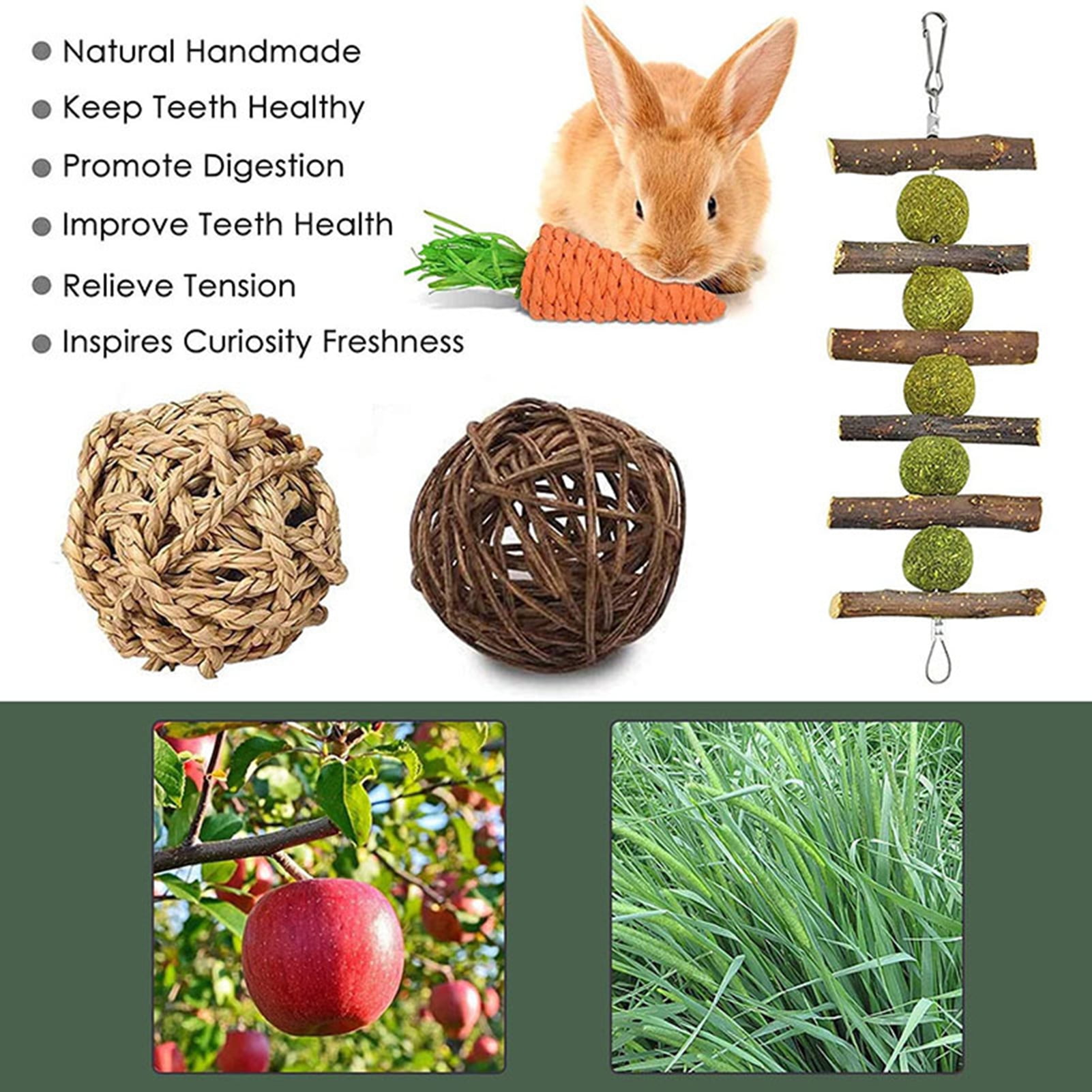 DOPI 9Pcs/Set Hamster Chew Toys Timothy Hay Balls Teeth Grinding Natural Small Animal Play Chew Toys Pet Supplies