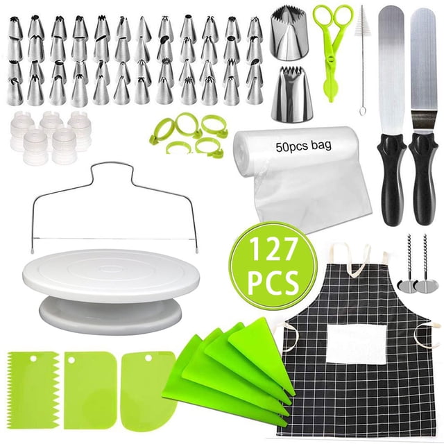 Kit de decoración de pasteles de 127 piezas, puntas y bolsas de glaseado para el hogar con boquillas giratorias de acero inoxidable con delantal Yuarrent HA8316-00B