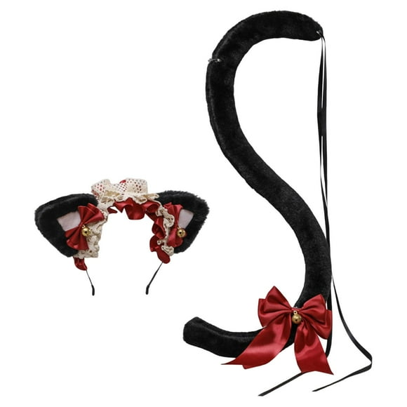Cat Ears Headband and Tail Realistic Dress up for Party Performance Festival Black Pink Red