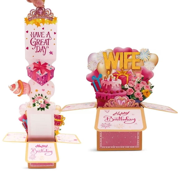 Pull-Up 3D Pop Up Birthday Card for Wife, Interactive Explosion Box Greeting Card with Surprise Cake & Flowers, Romantic Birthday Gift for Her