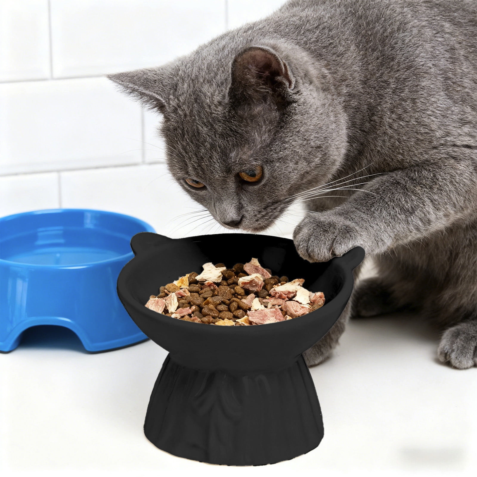 Elevated Cat Food Bowl Ceramic Raised Pet Feeding Dish 13 cm x 12 cm x 11.5 cm White 500 g