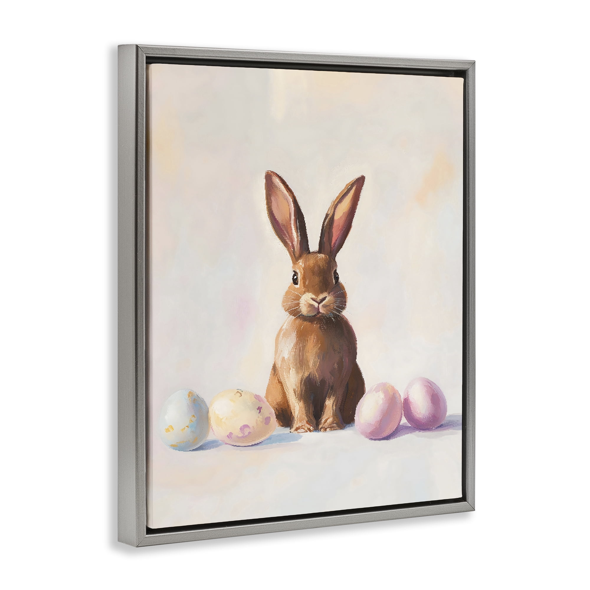 Stupell Industries Easter Bunny with Pastel Eggs Gray Framed Floater Canvas Wall Art, design by The Prints Vibe