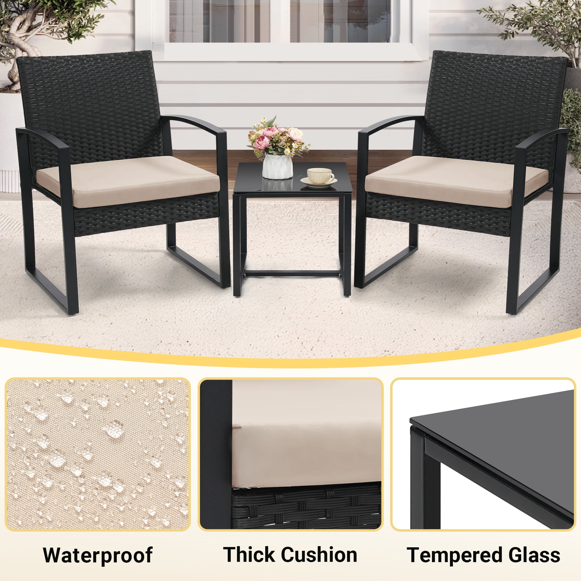 TUAREX 3-Piece Rattan Patio Furniture Set, All-Weather Wicker Bistro Set with Coffee Table and Cushioned Chairs for Garden, Yard, Balcony, Beige