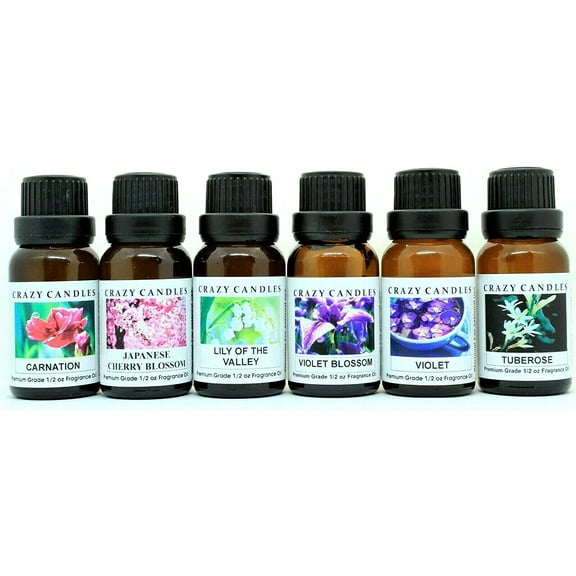 Crazy Candles 6 Bottles Set, Carnation, Japanese Cherry Blossom, Lily of The Valley, Tuberose, Violet Blossom, Violet 1/2 Fl Oz Each (15ml) Premium Grade Scented Fragrance Oils