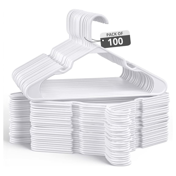 100 Pack Adult Plastic Hanger for Shirt Pants Coats Dresses Skirts Suits - Standard Thick Coat Hanger - Sturdy & Durable Design with Shoulder Hook - White