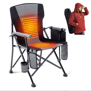 Heated Camping Chairs, Portable Heated Folding Chairs for Outdoor Sports, Heavy Duty Lawn Chairs for Adults Support 400lbs, Heated Camp Chair with Cup Holder,Grey(2 Battery Pack Required)