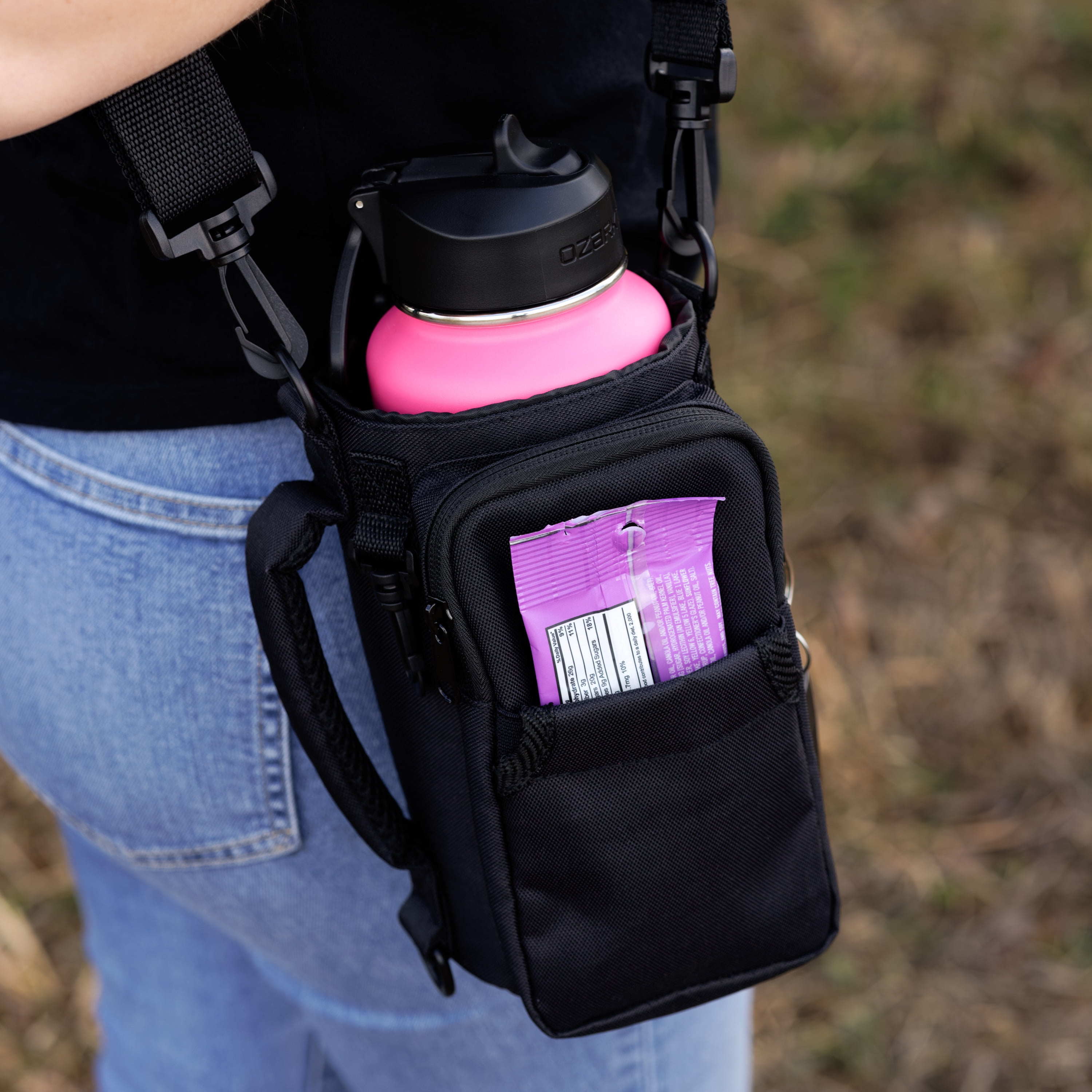 (3 pack) Ozark Trail 32-40 fl oz Water Bottle Sling with Shoulder Strap and Front Zipper Pocket, Black