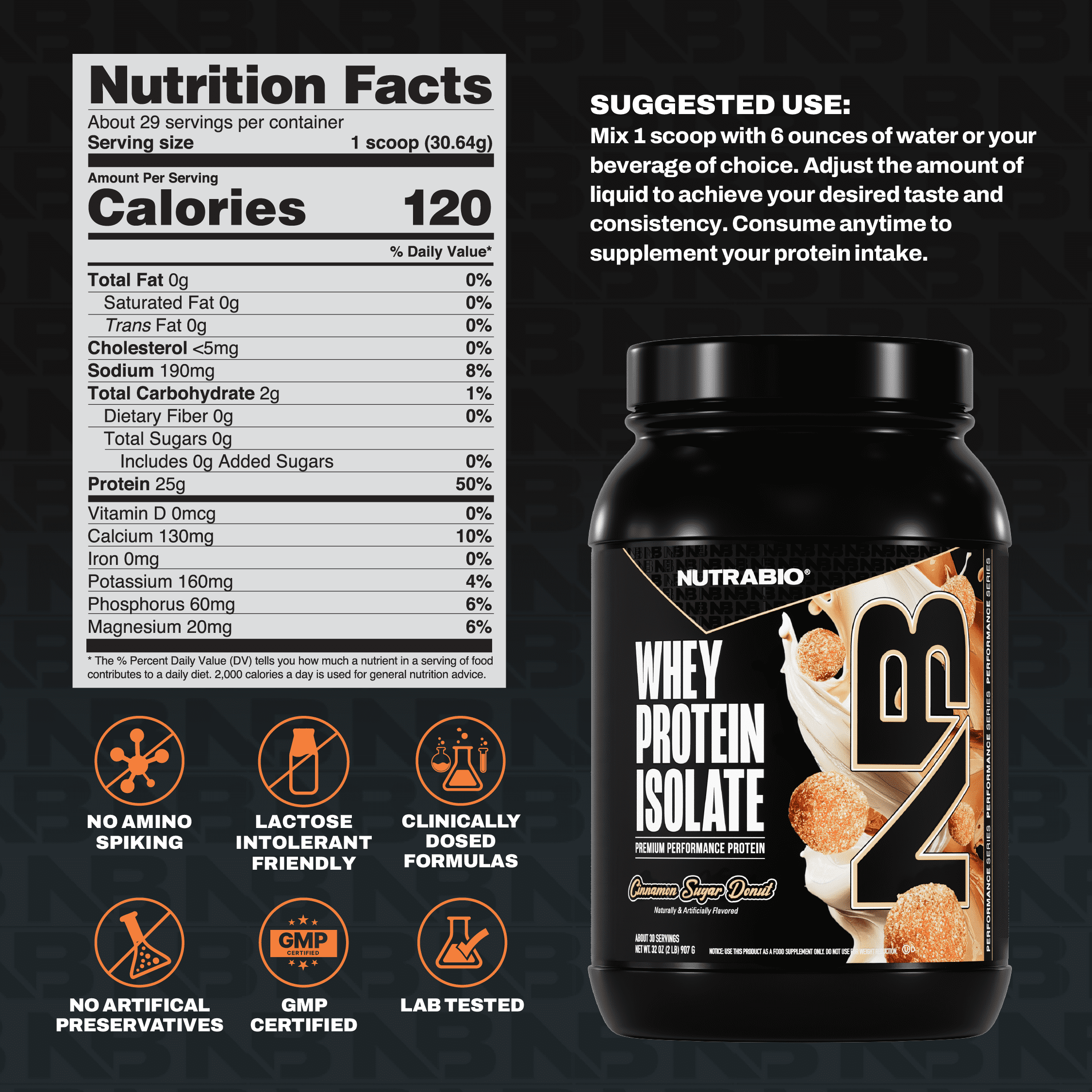 NutraBio Whey Protein Powder Isolate Supplement – 25g of Protein Per Scoop with Complete Amino Acid Profile - Soy and Gluten Free - Zero Fillers and Non-GMO - Cinnamon Sugar Donut - 2 Lbs.