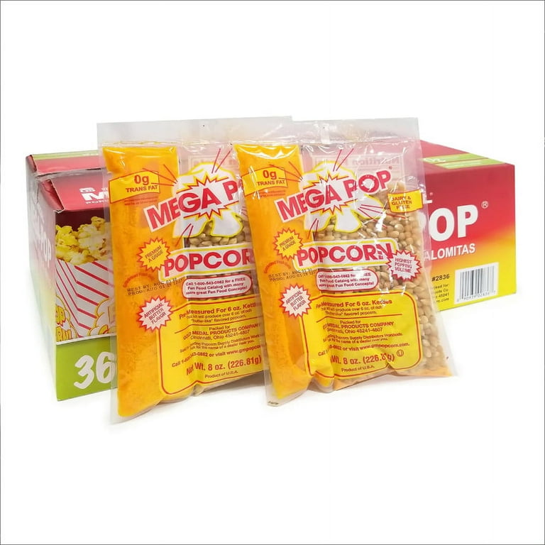 Mega Pop Popcorn, Butter, 8 oz Bag, 36 Bags/Carton Mega Pop Popcorn, Butter, 8 oz Bag, 36 Bags/Carton