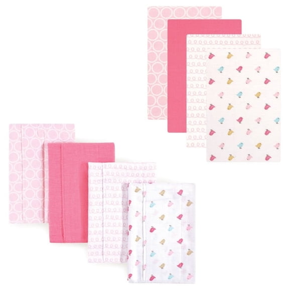 Luvable Friends Infant Girl Cotton Flannel Burp Cloths and Receiving Blankets, 8-Piece, Birdies, One Size