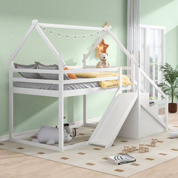 MODERNLUXE Twin Loft Bunk Bed with Slide and Staircase, White