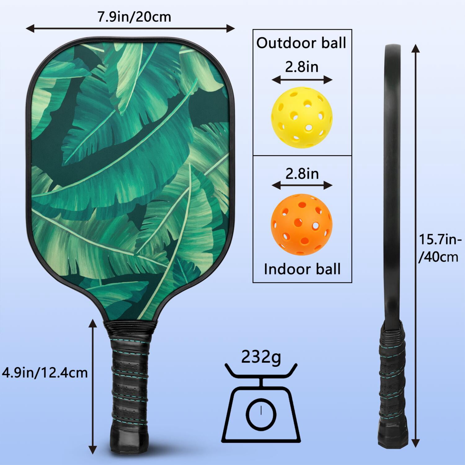 Pickleball Paddles Set Of 2, Fiberglass Surface, Tropical Jungle Print, 4 Balls & Bag