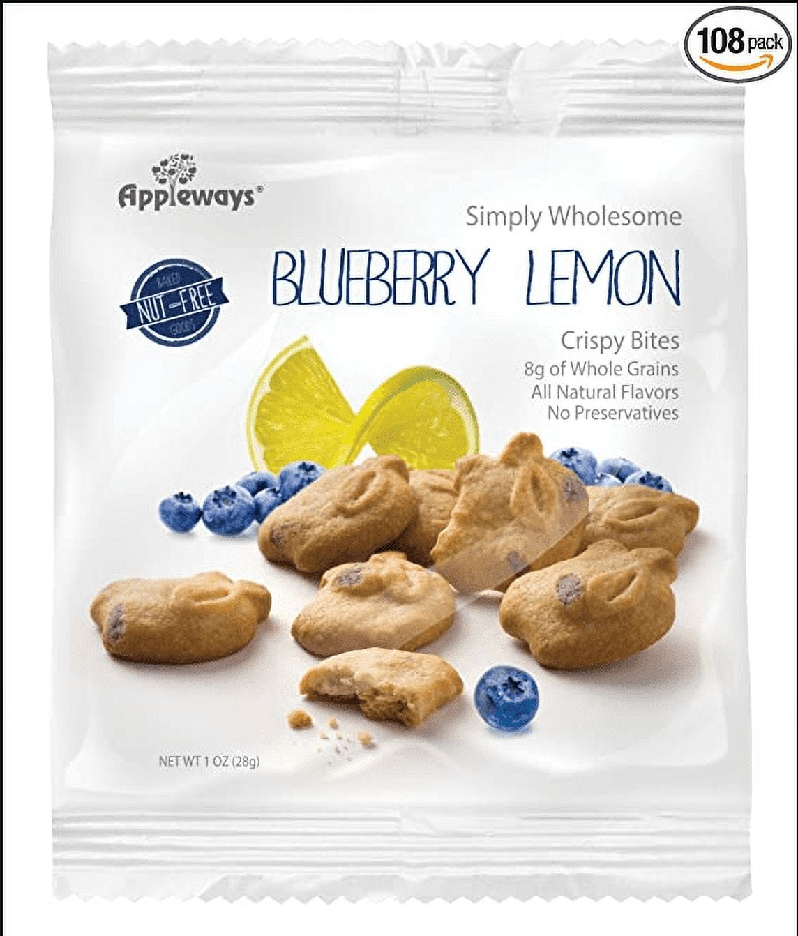 (Price/Case)Appleways Individually Wrapped Whole Grain Blueberry Lemon Crispy Bites 1 Ounces Per Pack - 108 Per Case