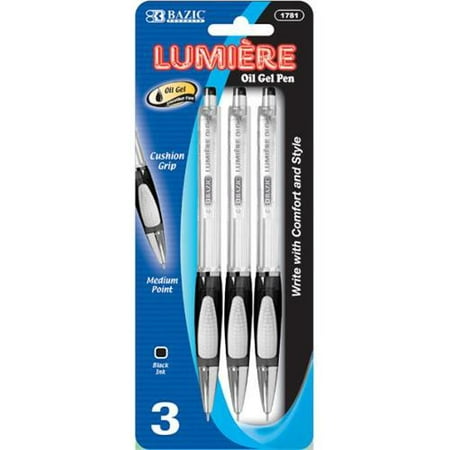 (Price/Case of 144)Bazic Products 1781-144 Lumiere Black Retractable Oil Gel Ink Pen W/ Grip