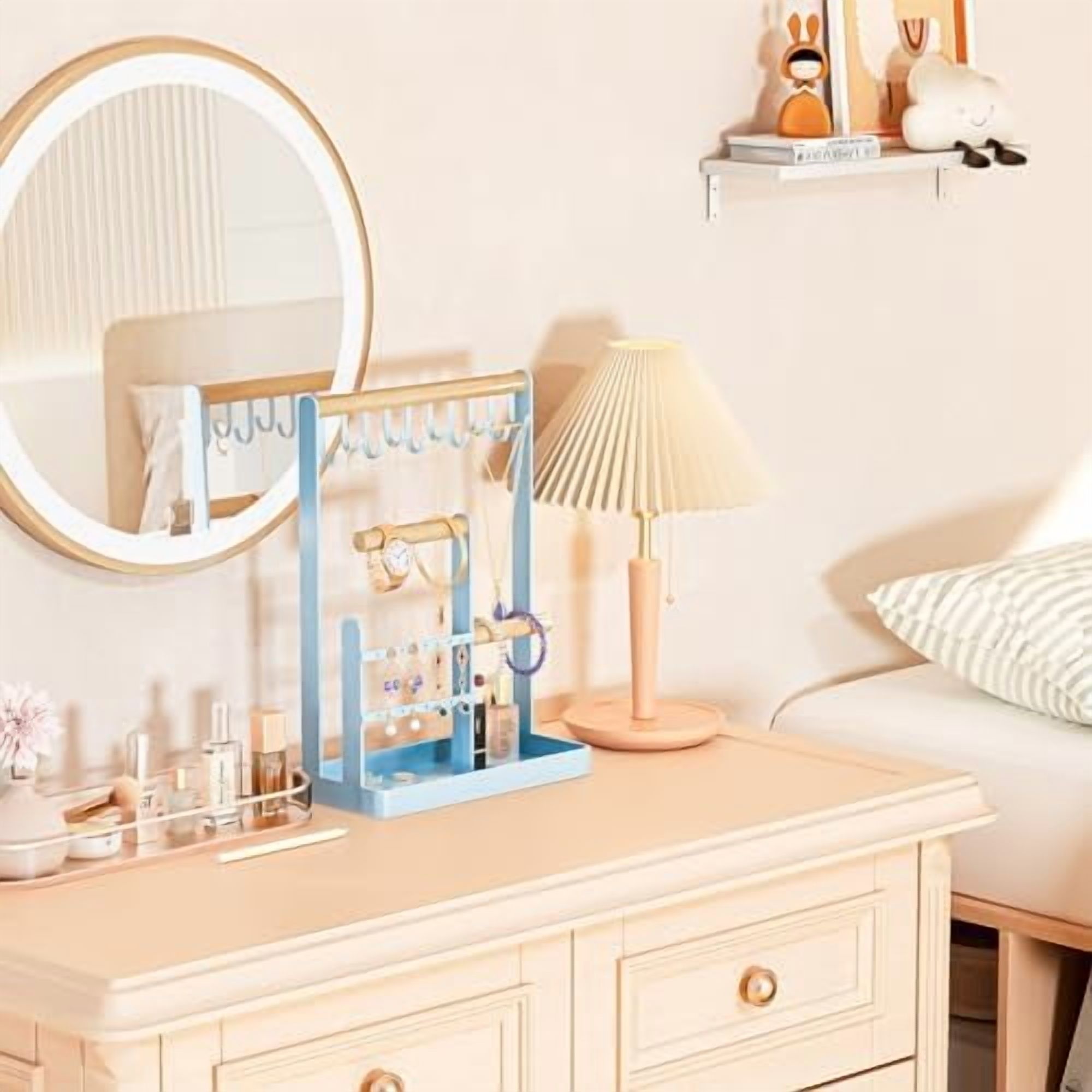 Jewelry Stand Holder Organizer, 4-Tier Necklace Holder with Ring Tray, 10 Hooks Necklaces Hanging Small Jewelry Display Storage Tower Tree for Bracelets Earrings Watches -Medium, Blue