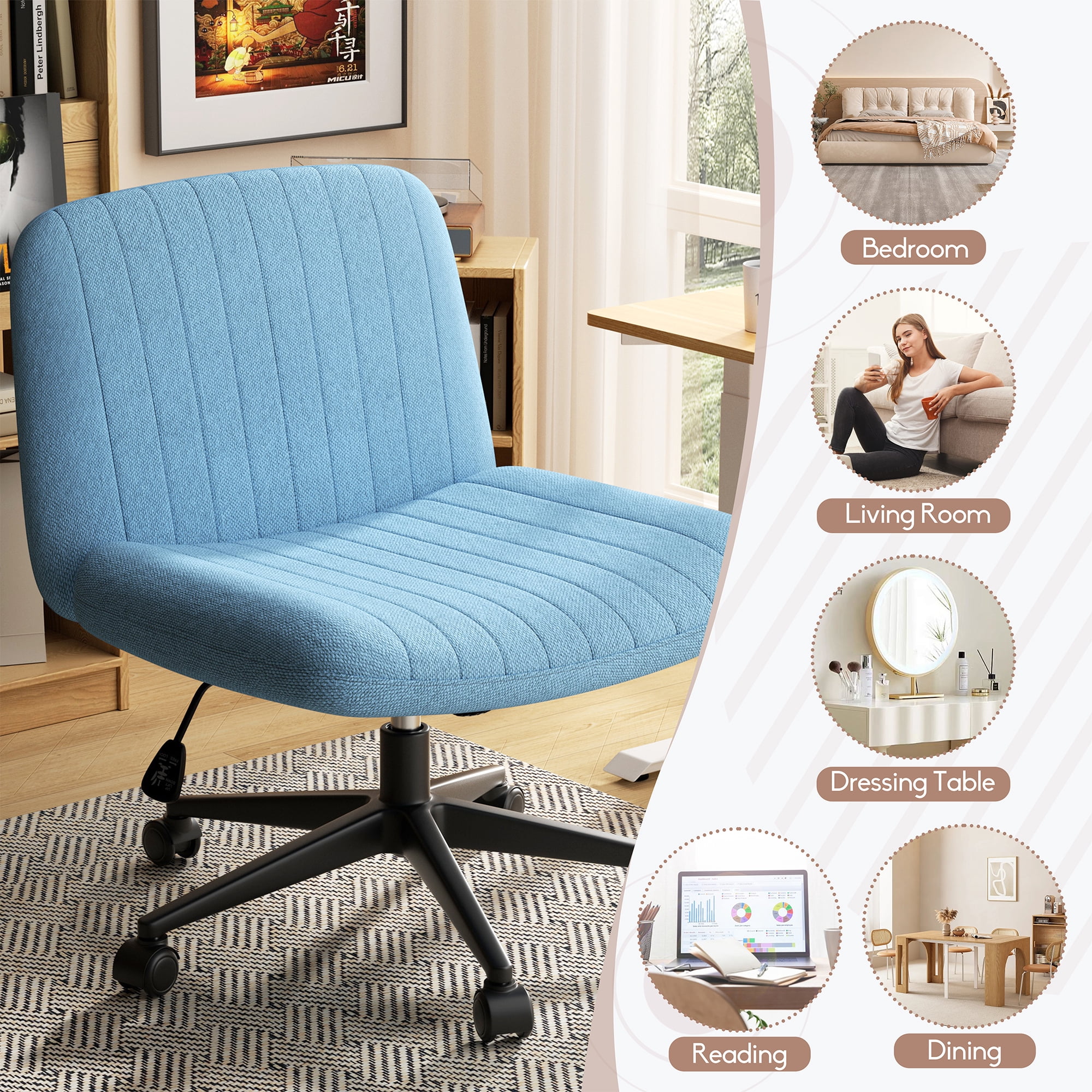 Walsunny Armless Criss Cross Home Office Chair, Fabric Vanity Desk Chair with Wheels, Wide Seat Swivel Task Computer Chair, Blue