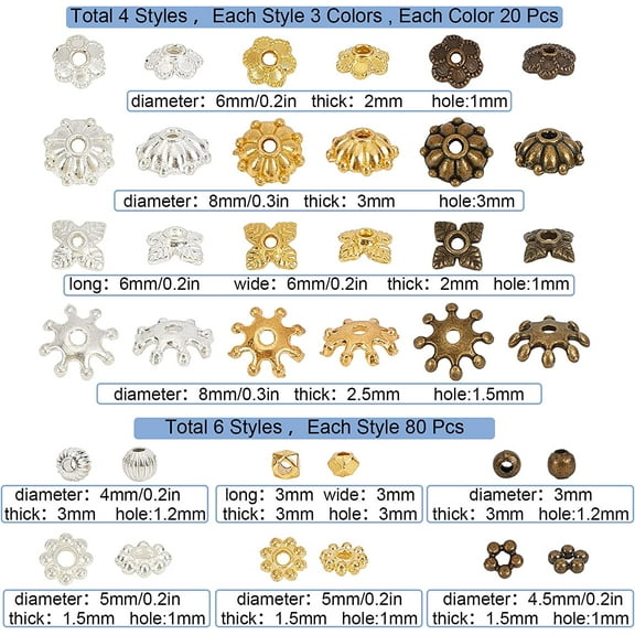 1bag Bead Caps & Spacer Beads set for Jewelry Making Finding Kit Including 240pcs 5 style Bead Caps 480pcs 5 style Alloy & Iron Spacer Beads Mixed color 720pcs/bag
