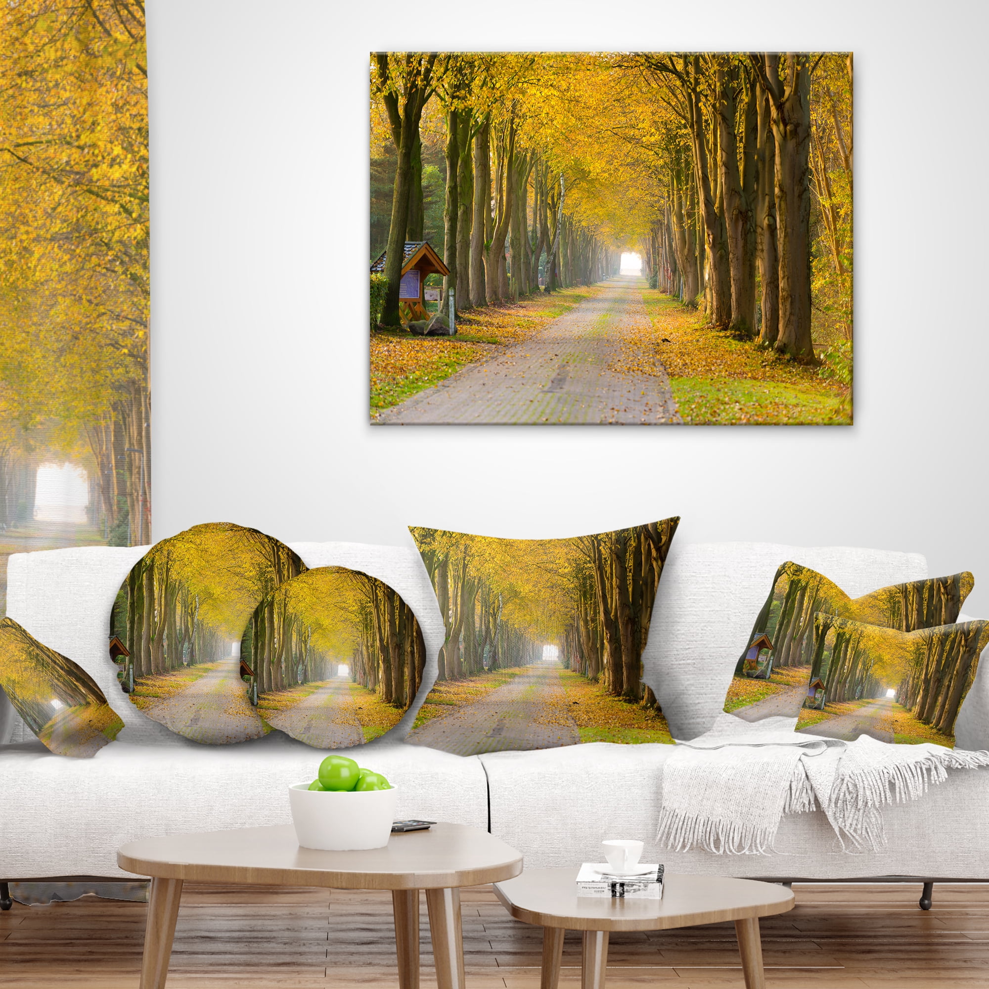 Designart Country Road Below Yellow Trees - Landscape Photography Throw Pillow - 12x20