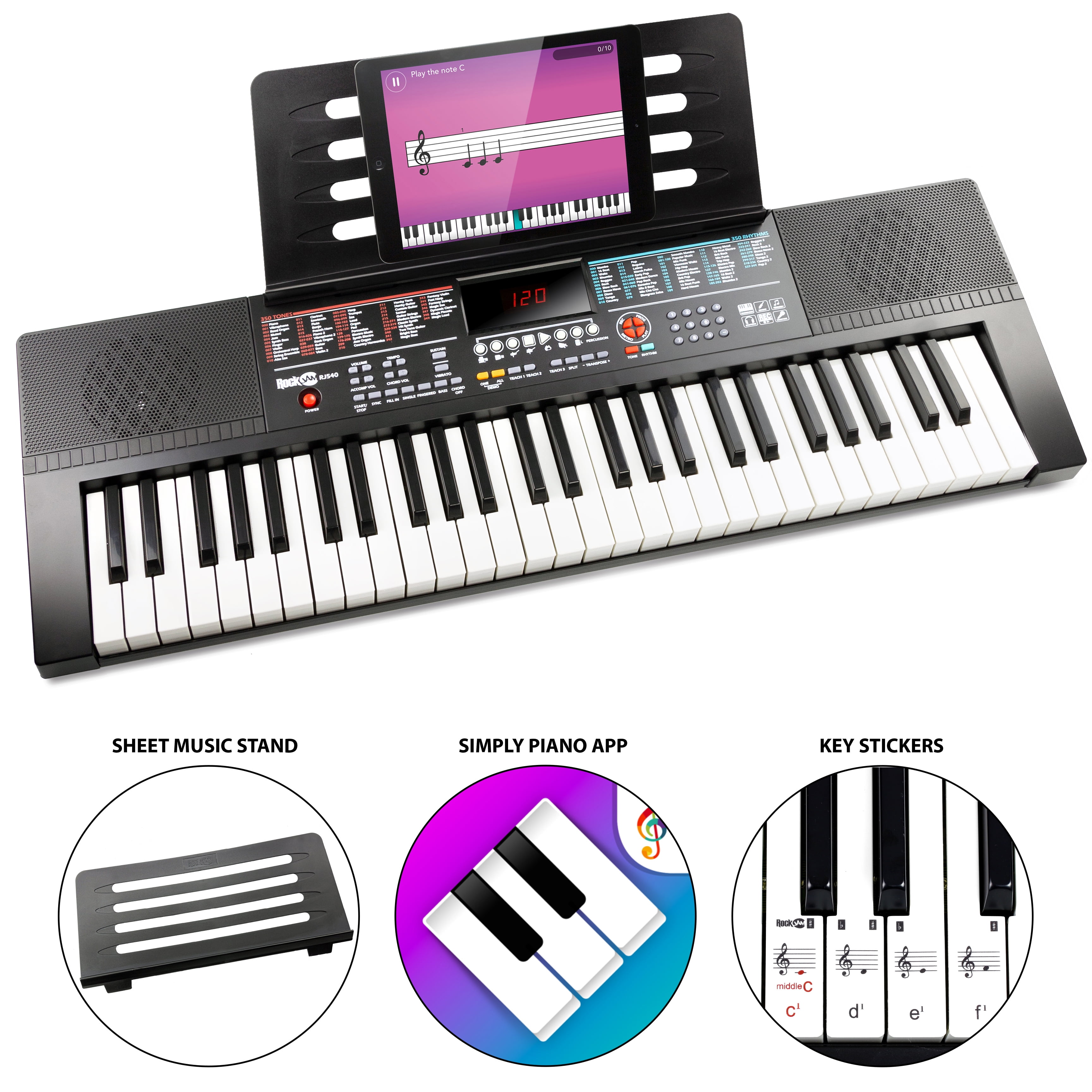 Nauwgezet slank zelf RockJam 61-Key Keyboard Piano with Sheet Music Stand, Piano Note Stickers &  Lessons - Walmart.com