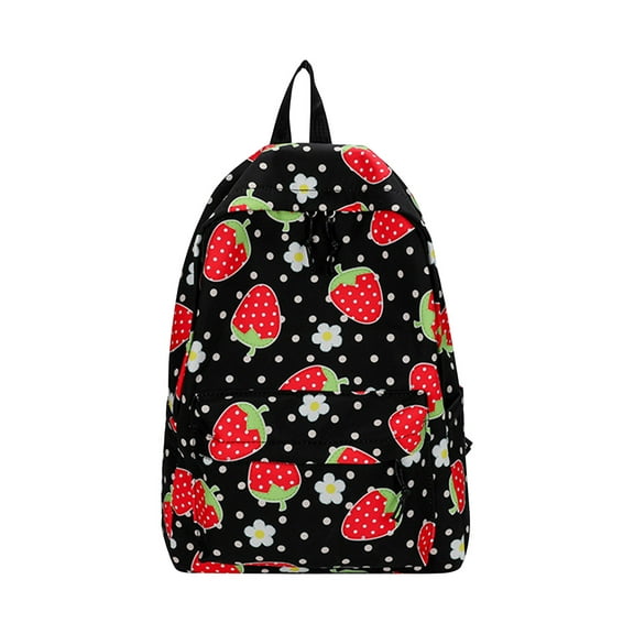 Xfvqtps Female Backpack Cute Strawberry Print Sweet Mini Lightweight Portable Causal Canvas Bookbag Black