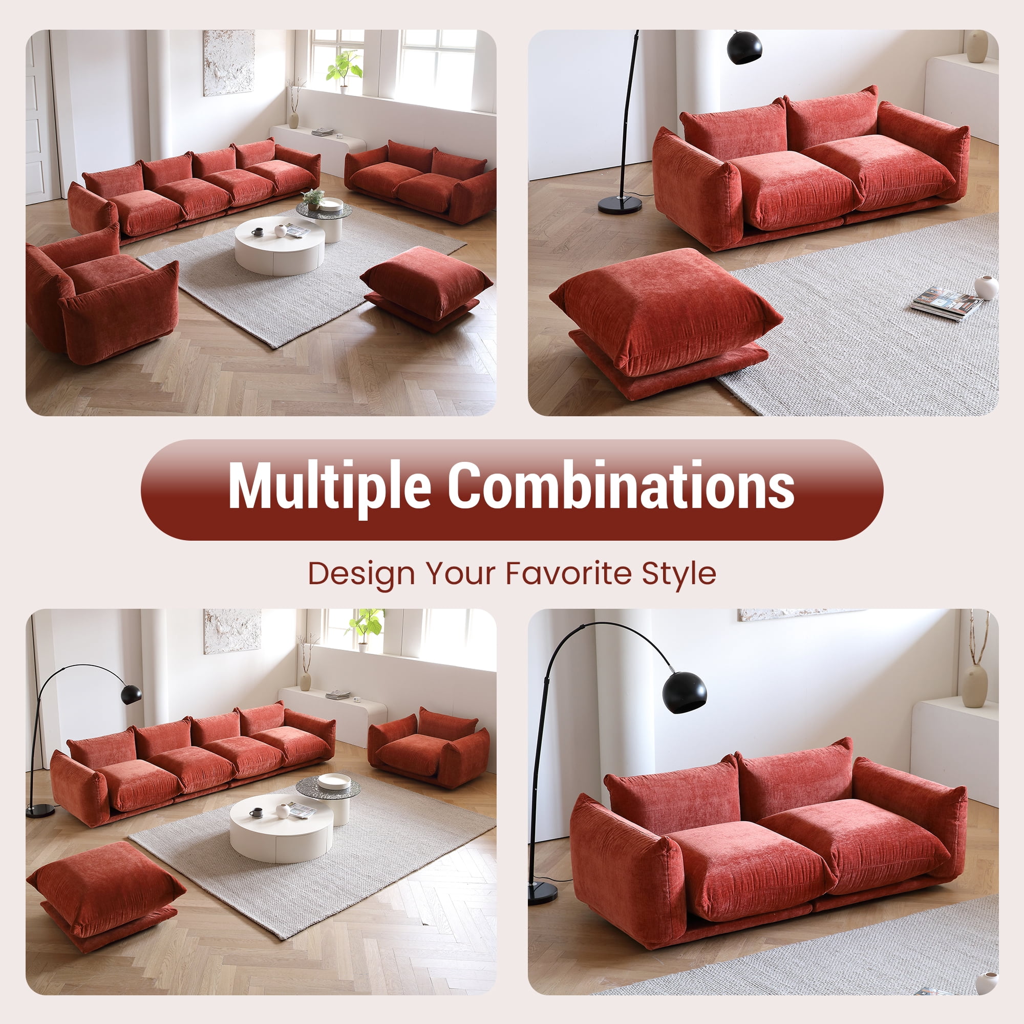 Magic Home Convertible Sectional Sofa Modular Couch Floor sofas Foam Couch L-Shaped Modern Sectional Sofas Chenille Modular Sofas Orange Sectional Sofas for Living Room Sets Sectional, Orange