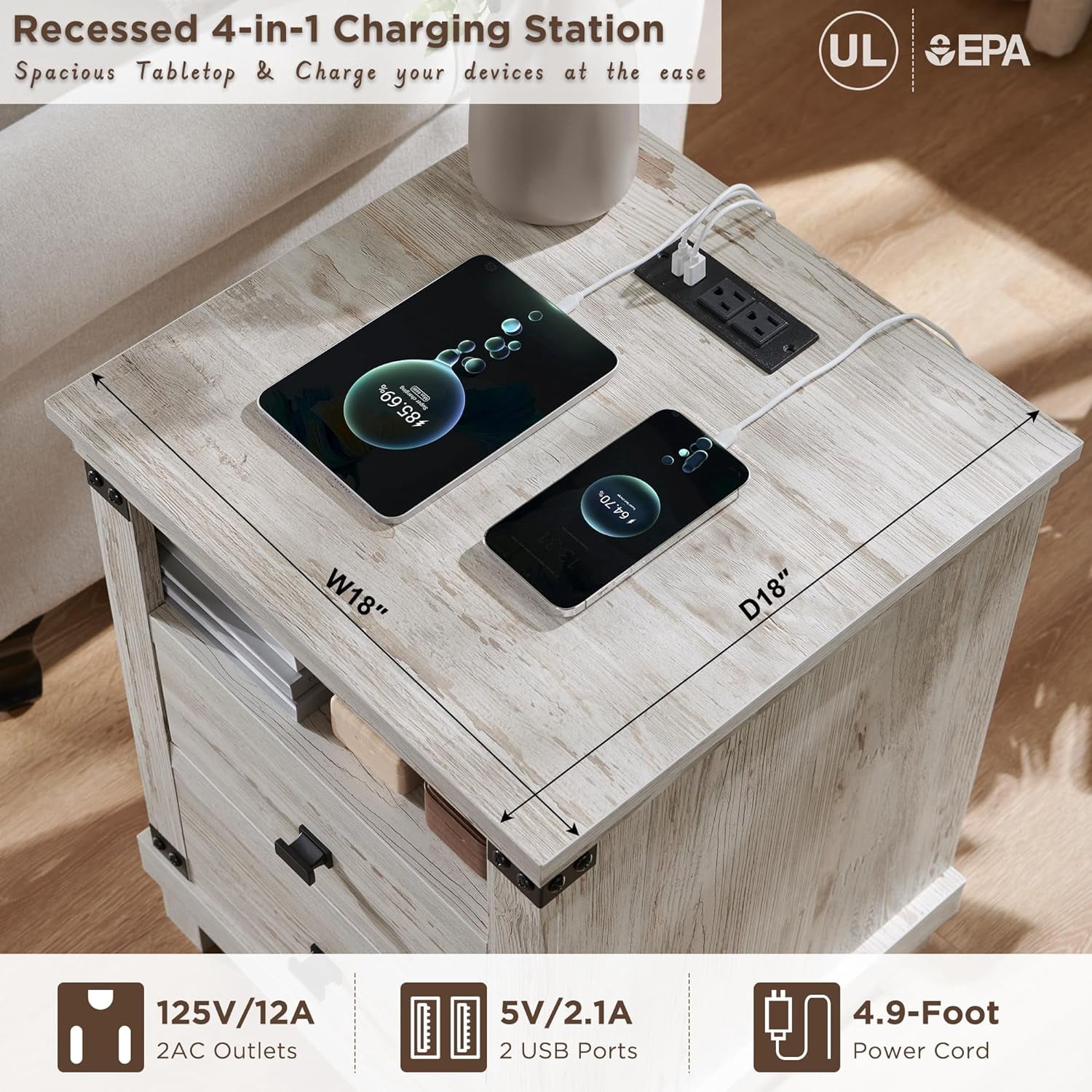 OKD Farmhouse 18" Nightstand with Charging Station, Rustic Metal Wood End Tables with Adjustable Shelves, Side Tables，Antique Brush White