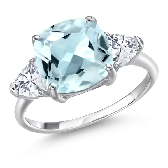 Gem Stone King 10K White Gold Sky Blue Simulated Aquamarine and White Moissanite Engagement Ring for Women | 4.74 Cttw | Cushion 10MM | Gemstone March Birthstone | Size 9