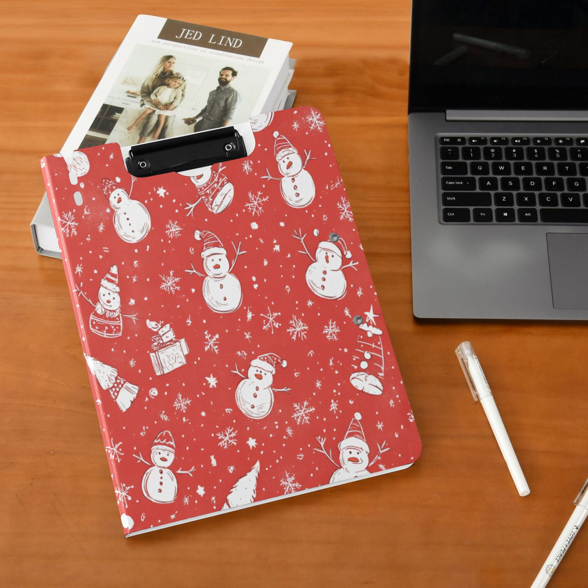 FORMRS A4 Clipboard Folder with Pen Holder Horizontal Foldable School Office Binder, Red Snowman