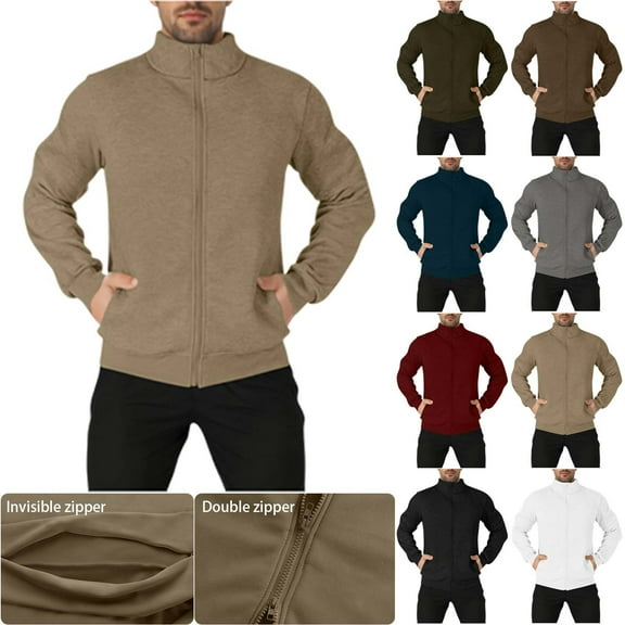 THDHVS Jackets for Men,Mens Coat,Mens Solid Color Track Jacket Zip Sleeves Stand Collar Pocket Sportswear Top