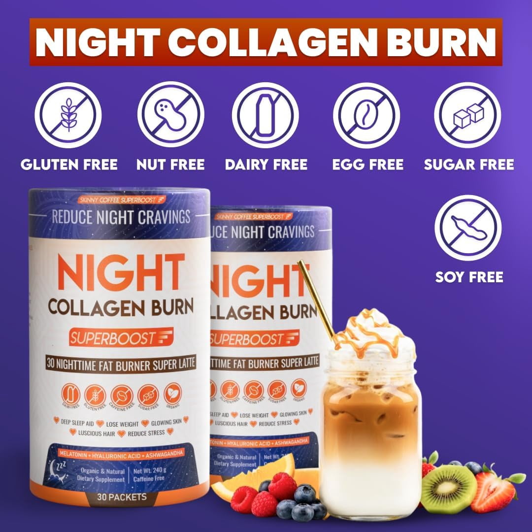 Night Collagen Burn - Weight Loss & Belly Fat Burner & Sleep Aid for Women & Men | Sleep Support for Bloating & Metabolism, Appetite Suppressant | Supports Skin, Hair, Nails & Joints | 30 Servings