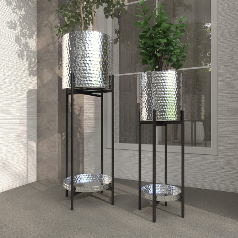 DecMode 24", 32"H Indoor Outdoor Silver Metal Planter with Removable Stand  (2 Count)
