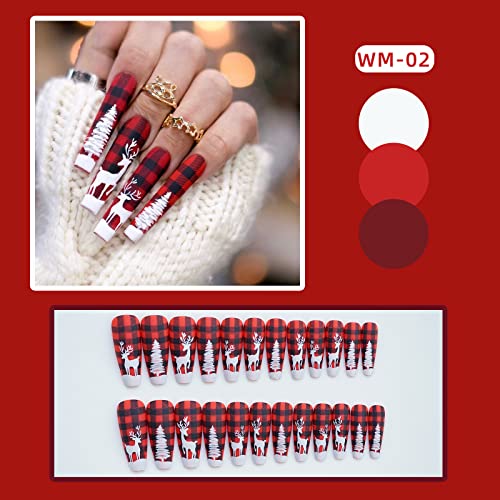 24 Pcs Christmas Press on Nails Long, Acrylic Buffalo Plaid Fake Nails ...