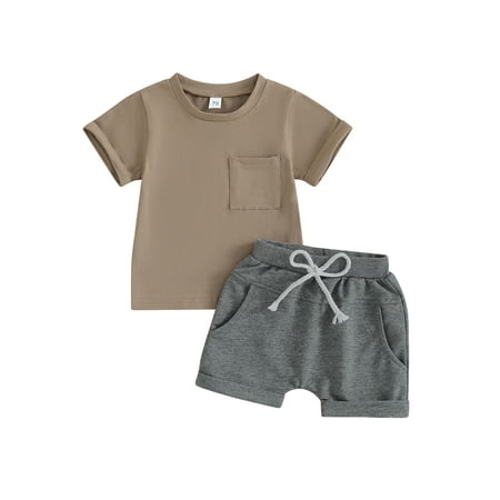 

Qtinghua Infant Toddler Baby Boys Summer Clothes Short Sleeve Tops and Shorts Pants Sets Reddish-Brown 6-12 Months