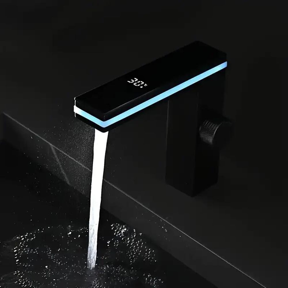 Black Bathroom Sink Faucet 1 Hole LED Temp Display Lavatory Vanity Mixer Taps