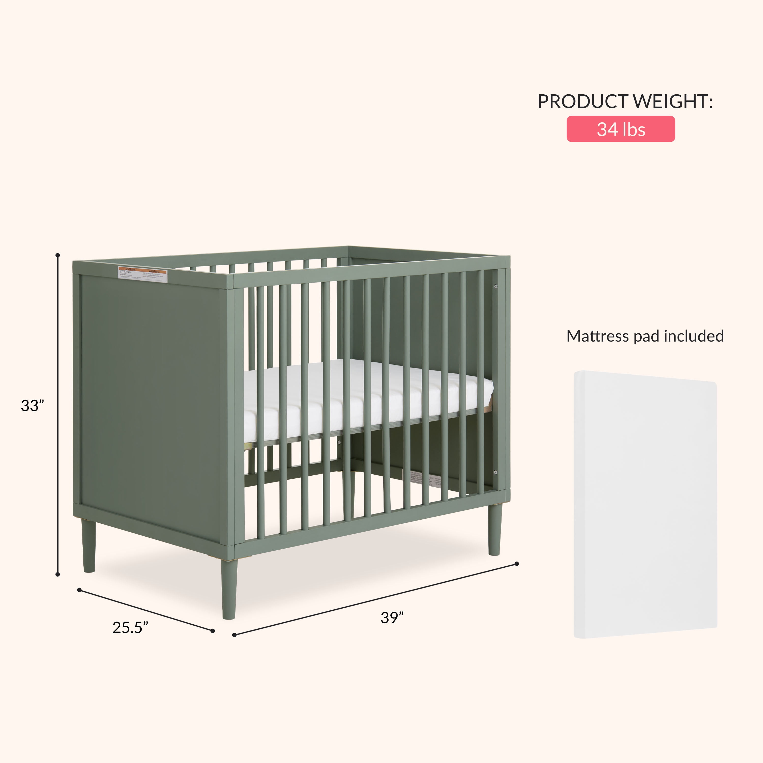 Dream On Me Lucas Mini Modern Crib With Rounded Spindles I Convertible Crib I Mid- Century Meets Modern I Portable Crib, Meadow Green