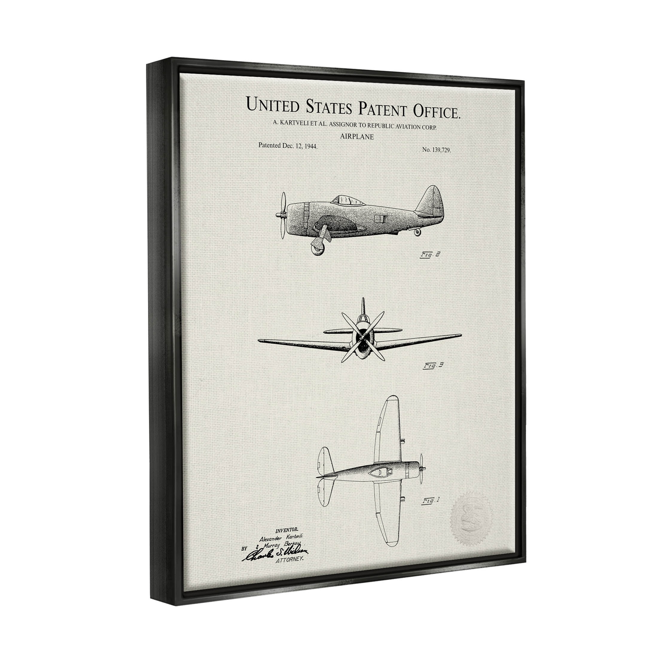 Stupell Industries Historic Aircraft Patent Diagram Graphic Art Jet Black Floating Framed Canvas Print Wall Art, Design by Karl Hronek