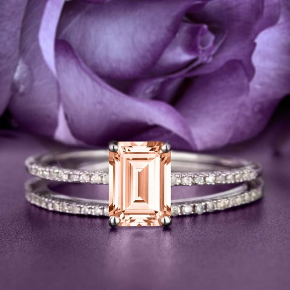 Art deco 2.00 Carat Emerald Cut Morganite And Diamond Moissanite Engagement Ring Set, Wedding Ring in 10k Solid White Gold, Feminine Gift, Promise Ring, Anniversary Gift