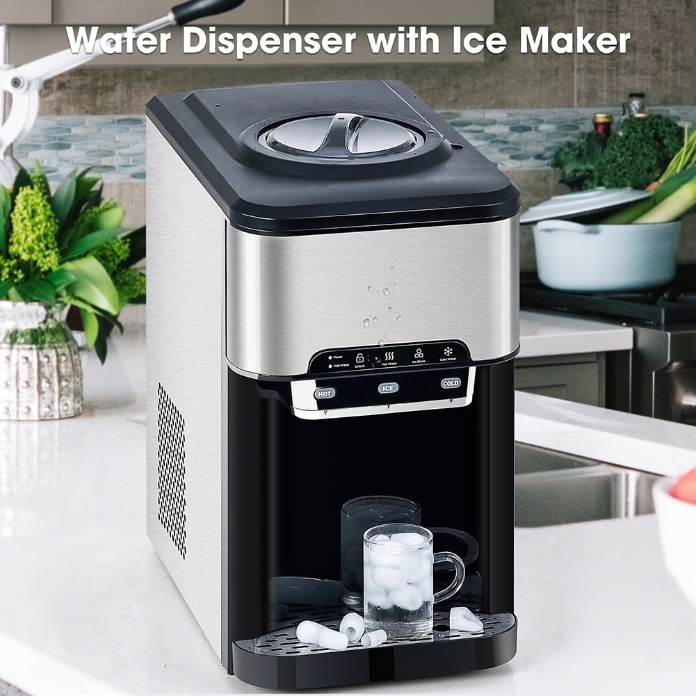 Resenkos 3 in 1 Water Dispenser with Ice Maker Countertop, Portable Water Cooler, Quick 6 Mins Ice-making, Hot & Cold Water and Ice, Black and Silver