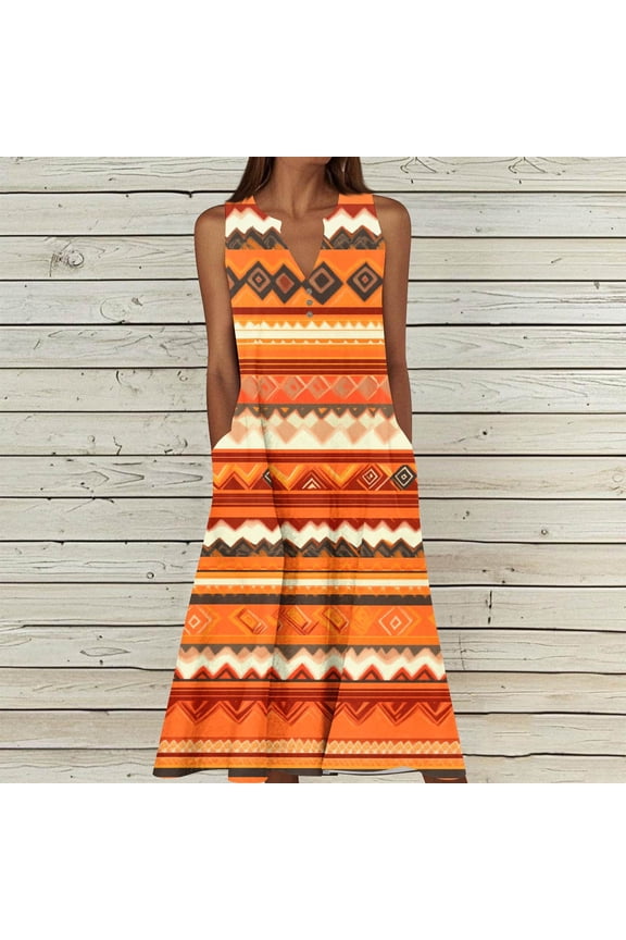 Women Plus Size V Neck Sleeveless Color Block Ethnic A-Line Maxi Dresses Bohemian Swing Party Beach Sundress Travel Outfits, Multicolor 2XL