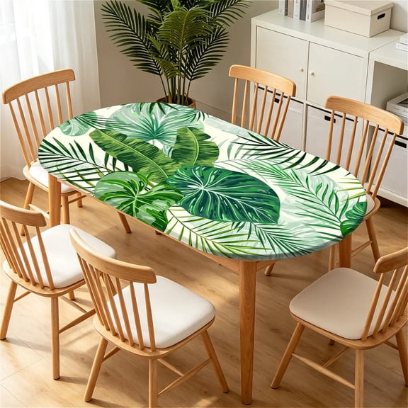 YESAD Elastic Tablecloth For Oval Tables, Waterproof Tablecover For Up To 42X68in Oval Table Cover, Dining Tablecover For Indoor And Outdoor, Holiday, Tropical-Foliage